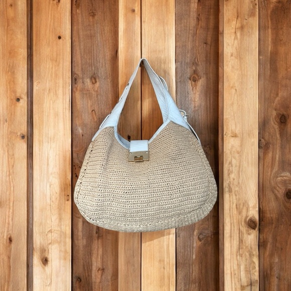 Jimmy Choo Handbags - Jimmy Choo Beige and White Raffia Shoulder Bag